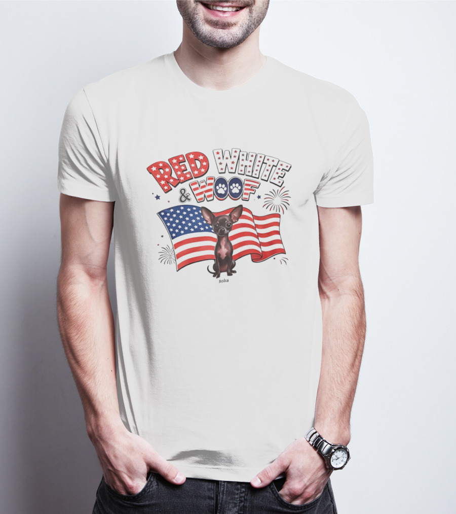 Chihuahua Red White And Woof US Flag Fireworks Celebration T-Shirt