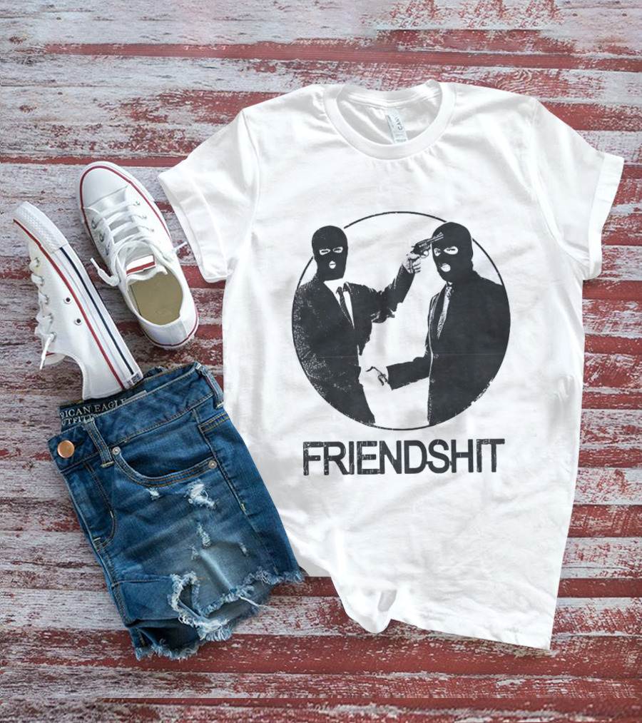 FRIENDSHIT Ski Mask Men Handshaking Gun Gesture T-Shirt