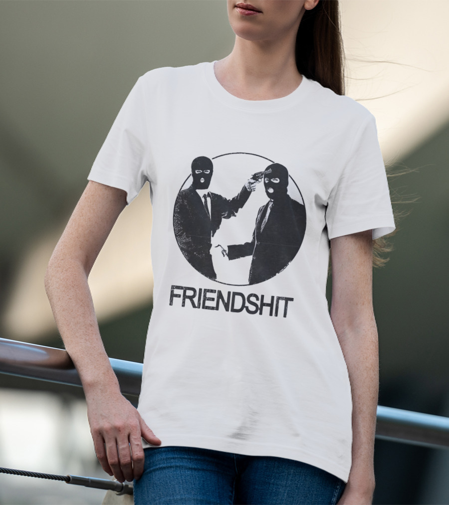 FRIENDSHIT Ski Mask Men Handshaking Gun Gesture T-Shirt