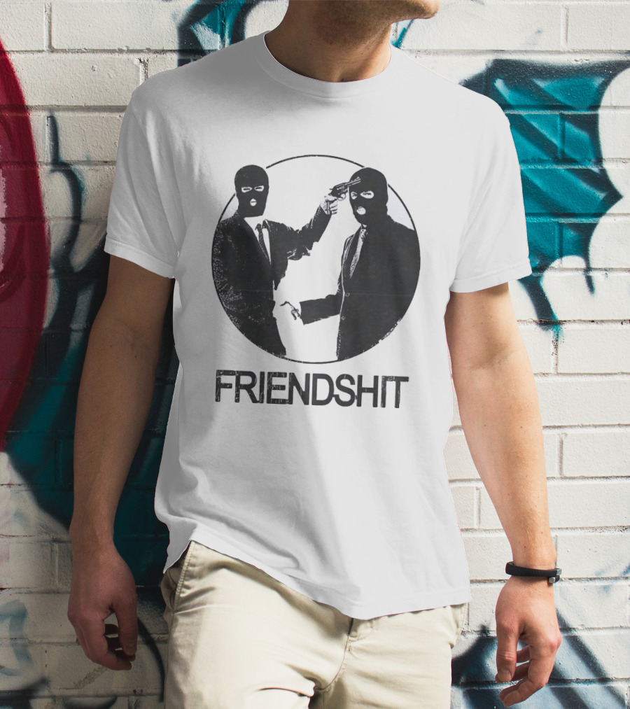 FRIENDSHIT Ski Mask Men Handshaking Gun Gesture T-Shirt
