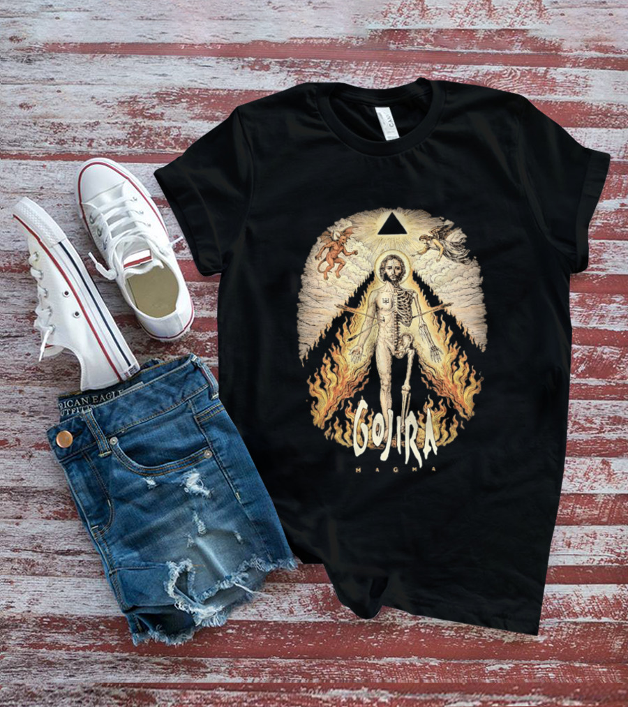 Gojira Magma Half Skeleton Half Human Devil Angel Flames Pyramid T-Shirt