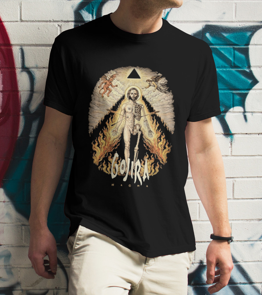 Gojira Magma Half Skeleton Half Human Devil Angel Flames Pyramid T-Shirt