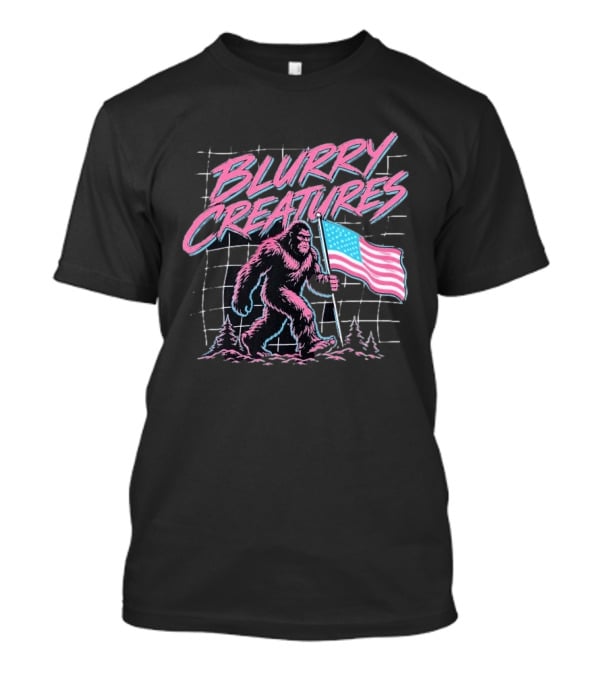 Blurry Creatures Bigfoot Holding American Flag With Retro Grid T-Shirt