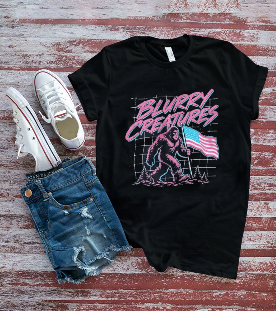 Blurry Creatures Bigfoot Holding American Flag With Retro Grid T-Shirt