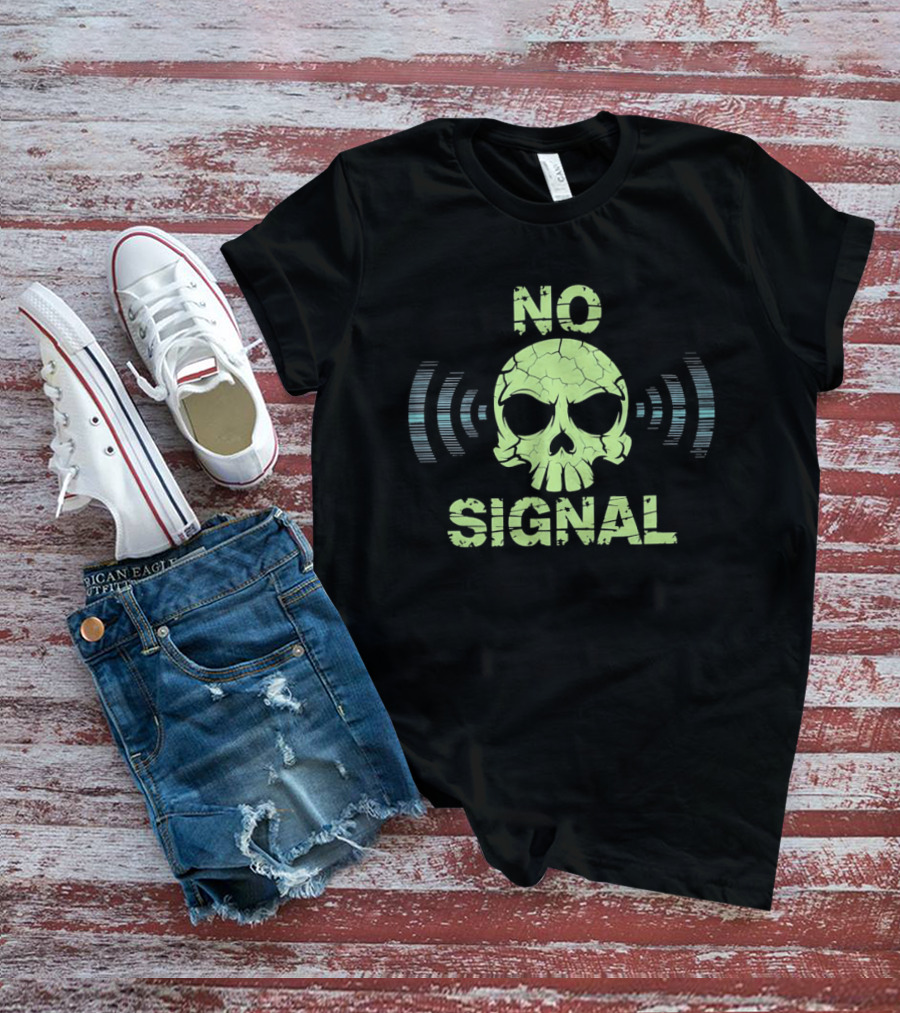 No Signal Skull Radio Waves Cracked T-Shirt