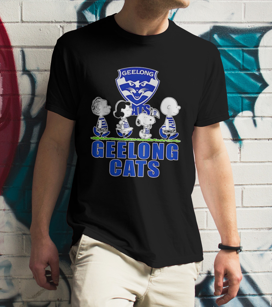 Peanuts Snoopy Charlie Brown Lucy Schroeder Geelong Cats AFL Fan T-Shirt