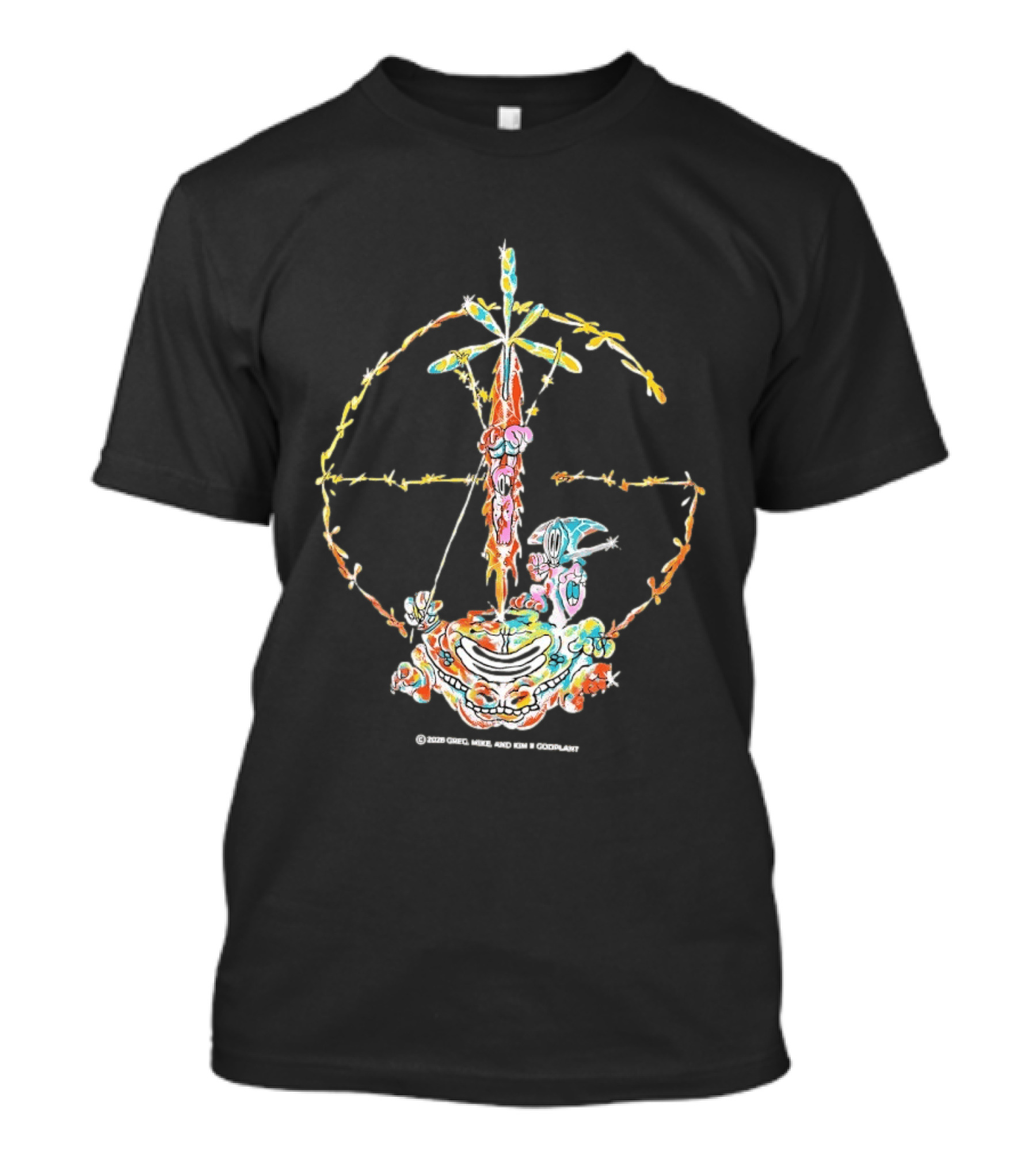 Psychedelic Skeleton Cross Barbed Wire Flowers T-Shirt