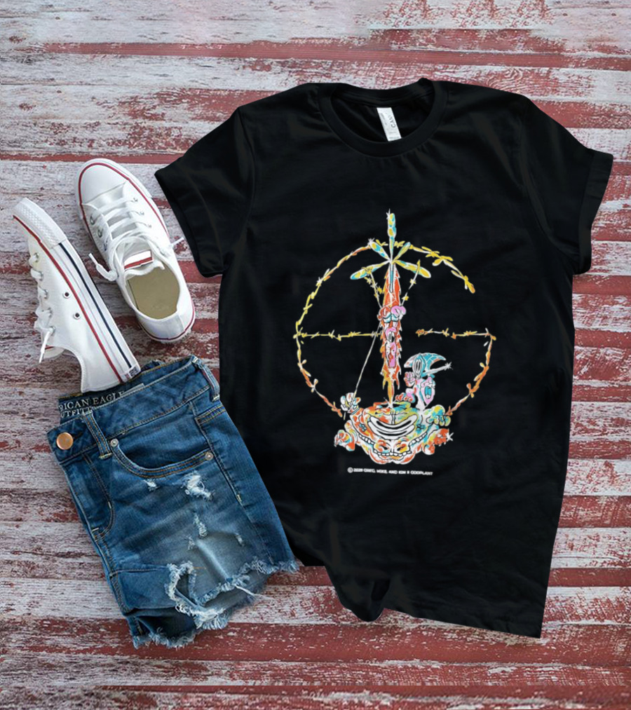 Psychedelic Skeleton Cross Barbed Wire Flowers T-Shirt