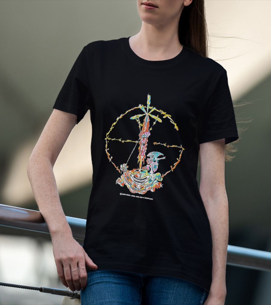 Psychedelic Skeleton Cross Barbed Wire Flowers T-Shirt
