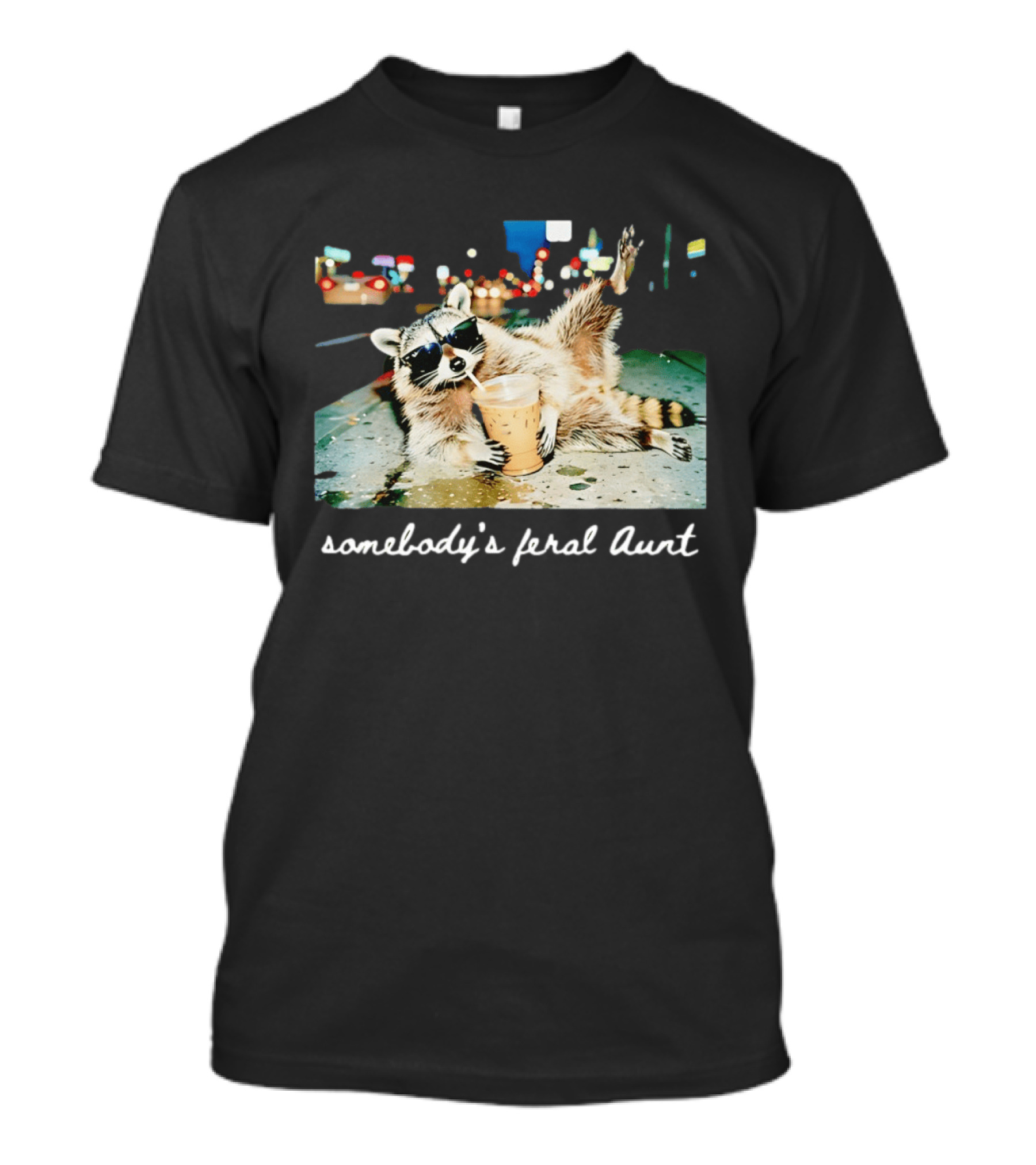 Somebody's Feral Aunt Raccoon Drinking Iced Coffee T-Shirt