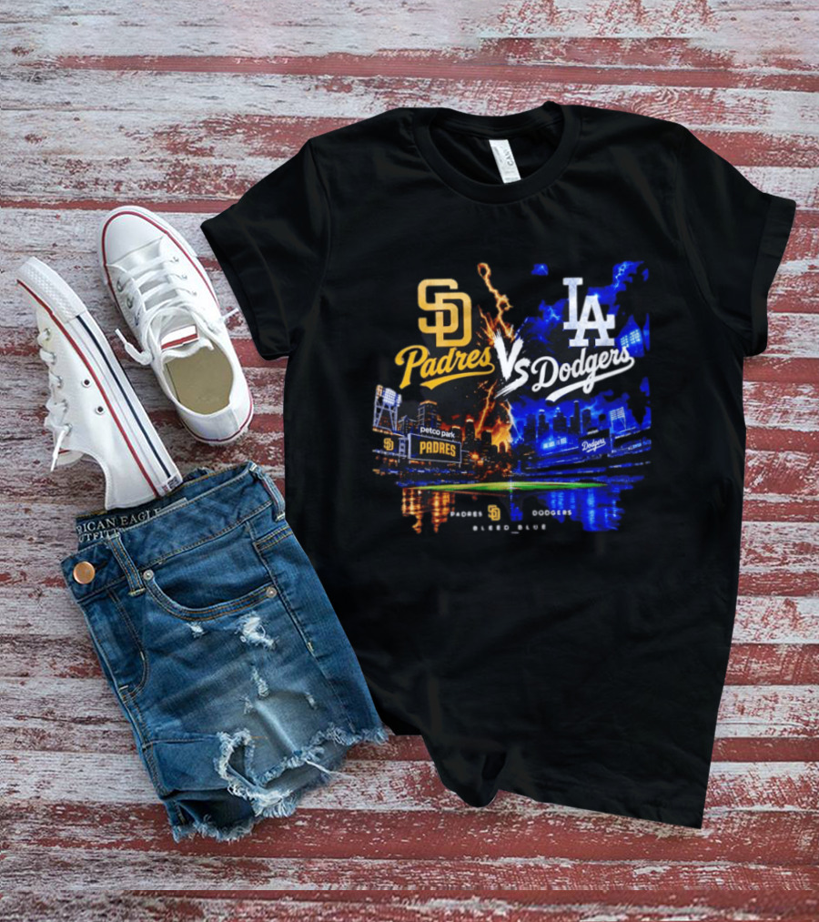 San Diego Padres Vs Los Angeles Dodgers Bleed Blue Petco Park Stadium Lightning T-Shirt