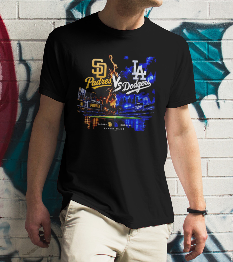 San Diego Padres Vs Los Angeles Dodgers Bleed Blue Petco Park Stadium Lightning T-Shirt