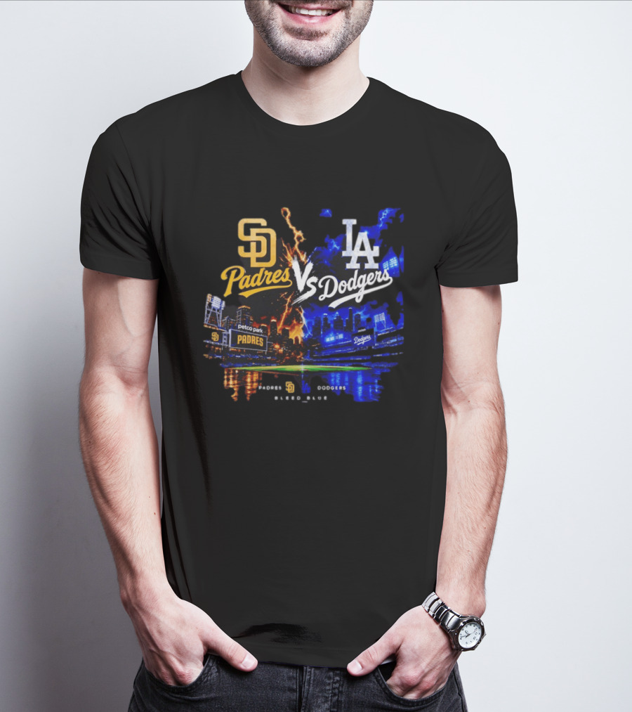San Diego Padres Vs Los Angeles Dodgers Bleed Blue Petco Park Stadium Lightning T-Shirt