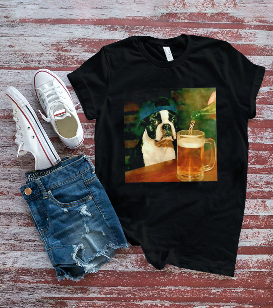 Boston Terrier Baseball Cap Drinking Beer T-Shirt