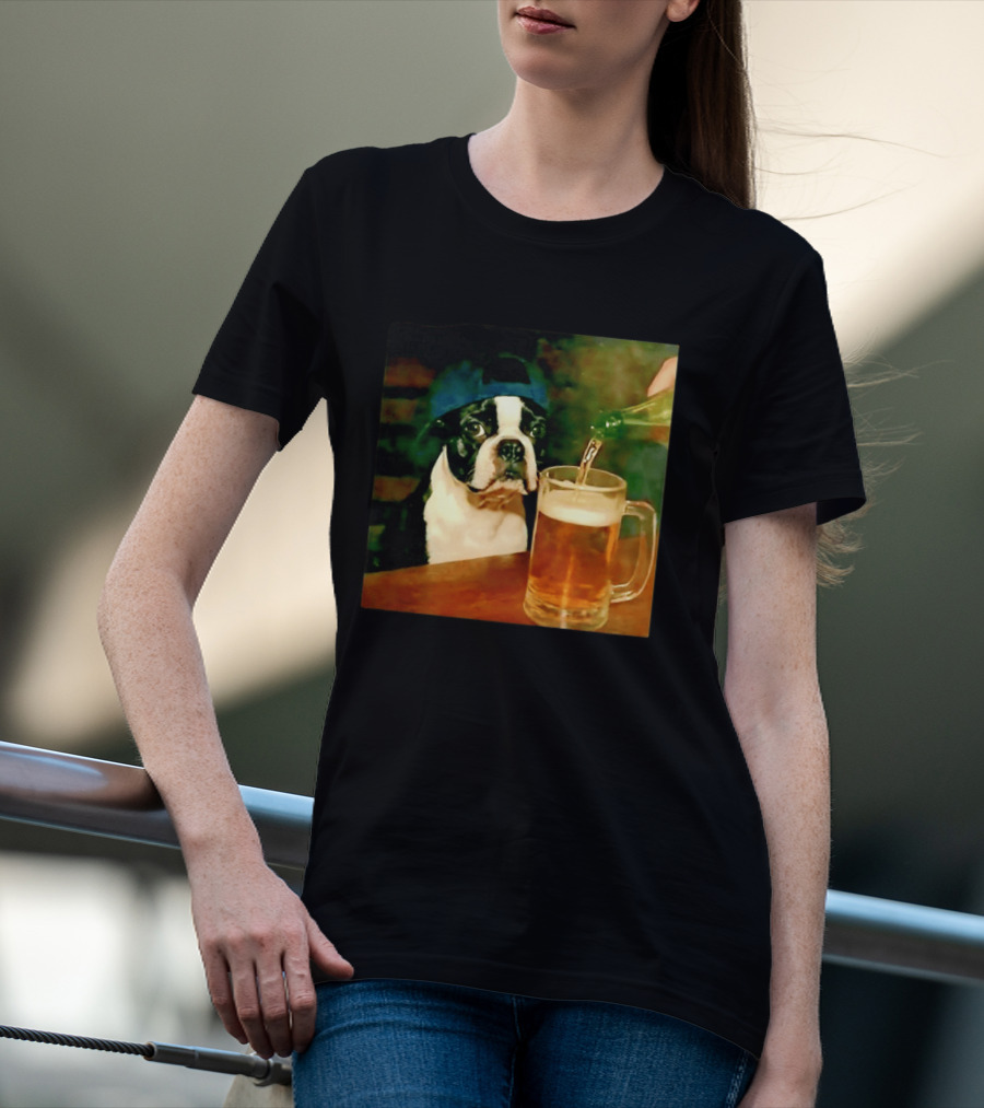 Boston Terrier Baseball Cap Drinking Beer T-Shirt