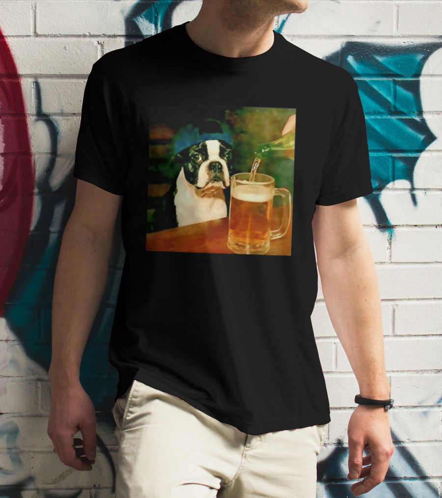 Boston Terrier Baseball Cap Drinking Beer T-Shirt