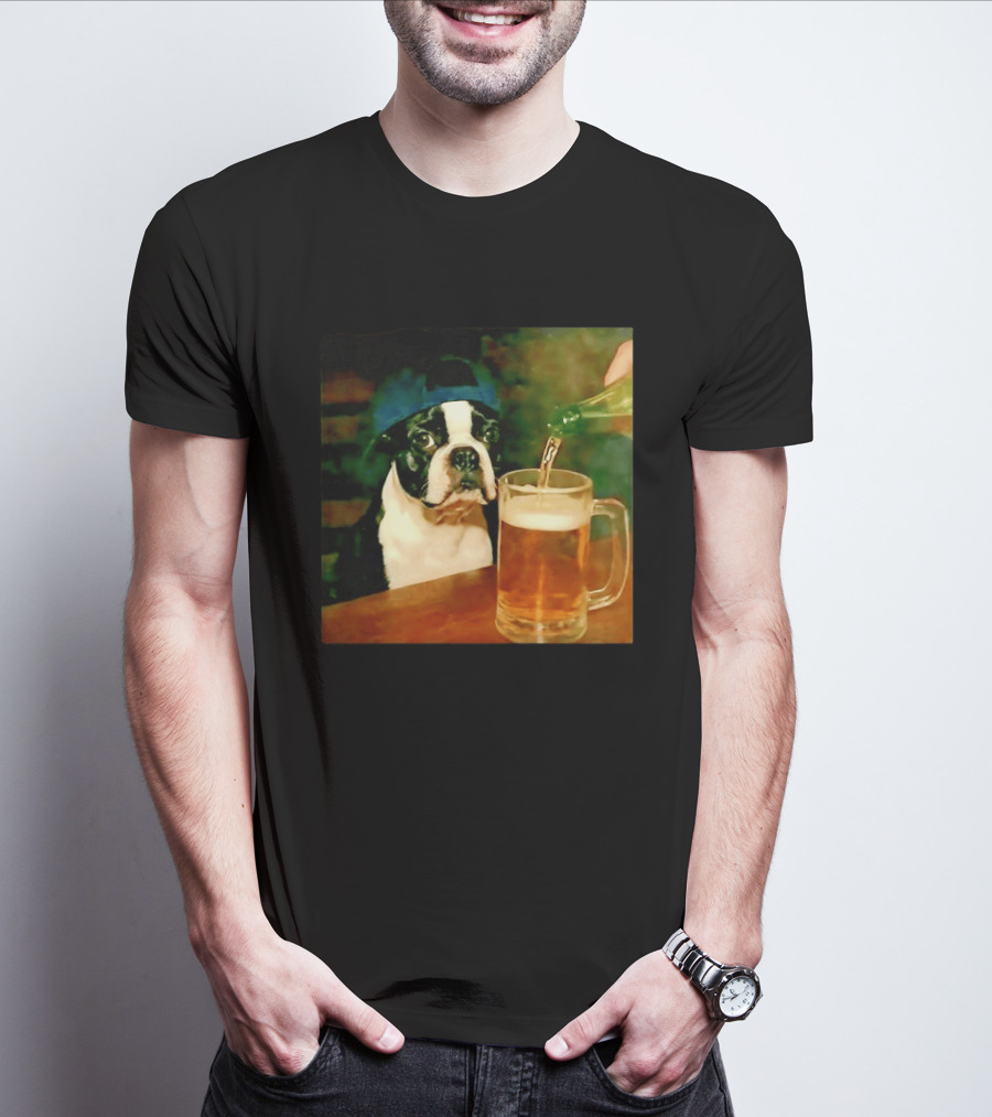 Boston Terrier Baseball Cap Drinking Beer T-Shirt