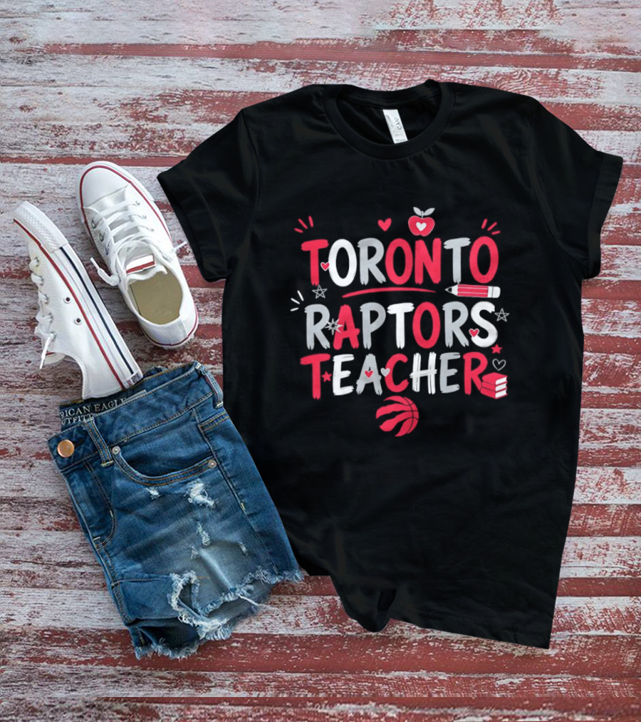 Toronto Raptors Teacher Apple Pencil Hearts Basketball T-Shirt