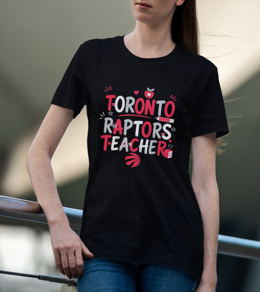 Toronto Raptors Teacher Apple Pencil Hearts Basketball T-Shirt