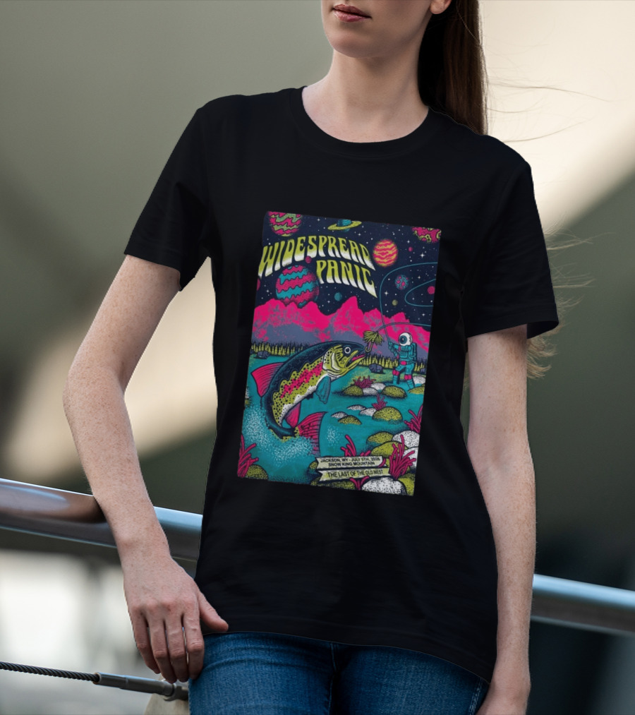Widespread Panic Jul 5 2026 Snow King Mountain Jackson WY Cosmic Fishing Astronaut And Giant Fish Fantasy Scene T-Shirt