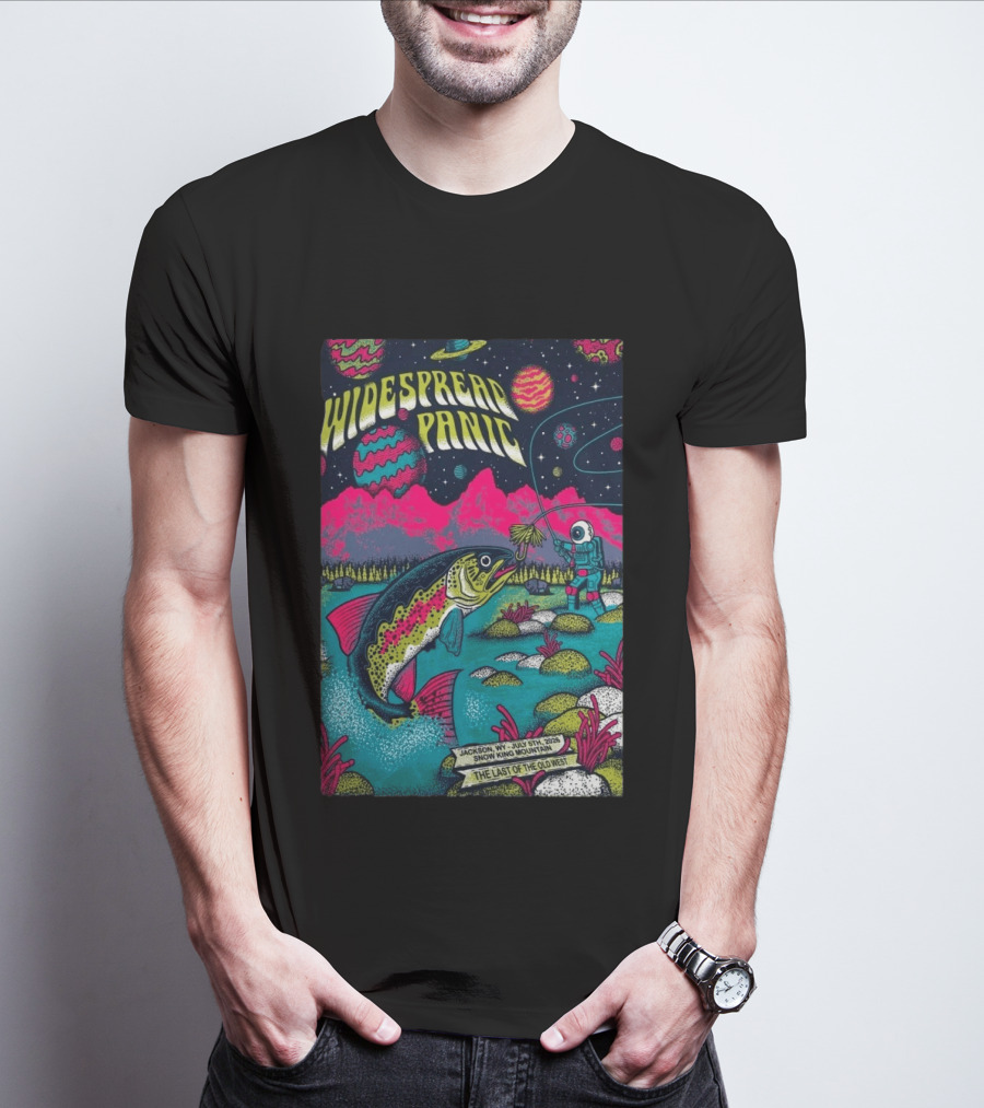 Widespread Panic Jul 5 2026 Snow King Mountain Jackson WY Cosmic Fishing Astronaut And Giant Fish Fantasy Scene T-Shirt