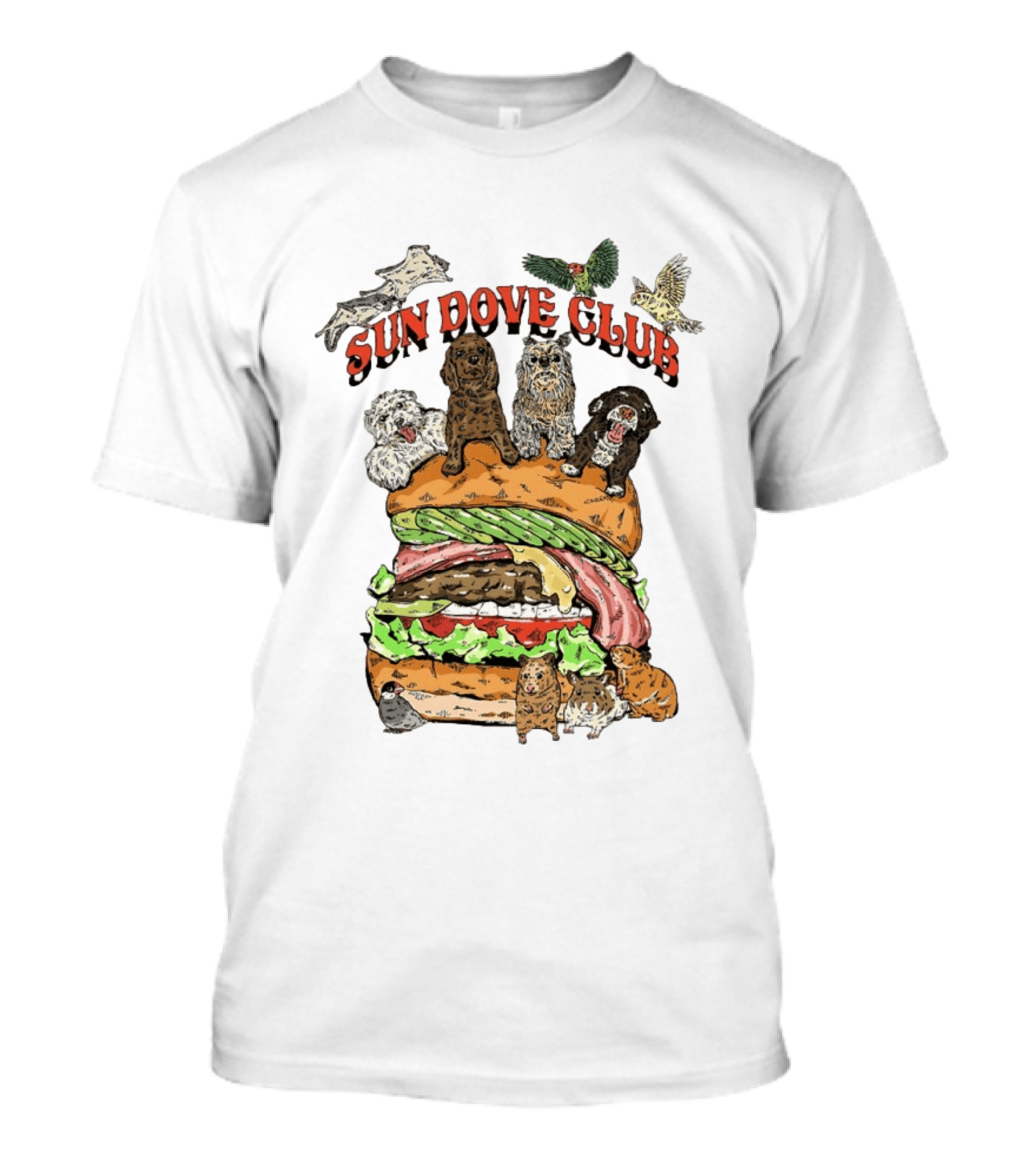 Sun Dove Club Animals On Giant Burger With Dogs And Birds T-Shirt
