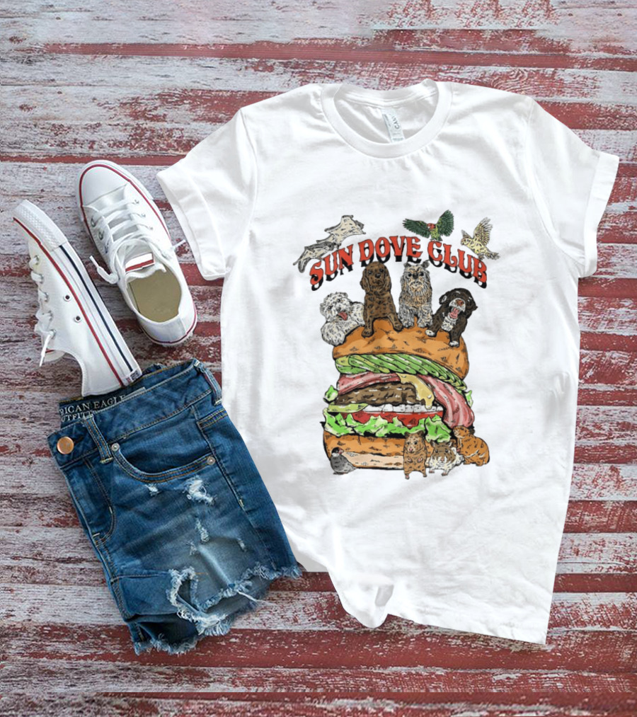 Sun Dove Club Animals On Giant Burger With Dogs And Birds T-Shirt