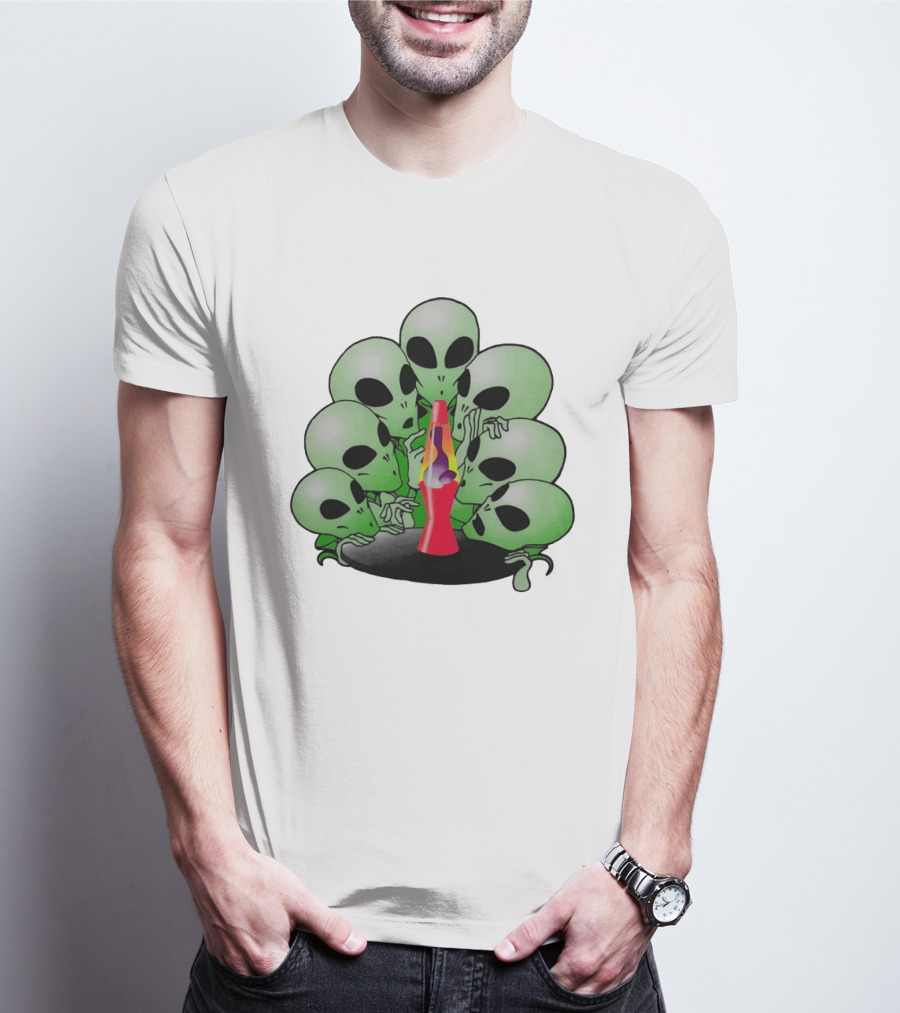 Aliens Gathering Around Colorful Lava Lamp T-Shirt