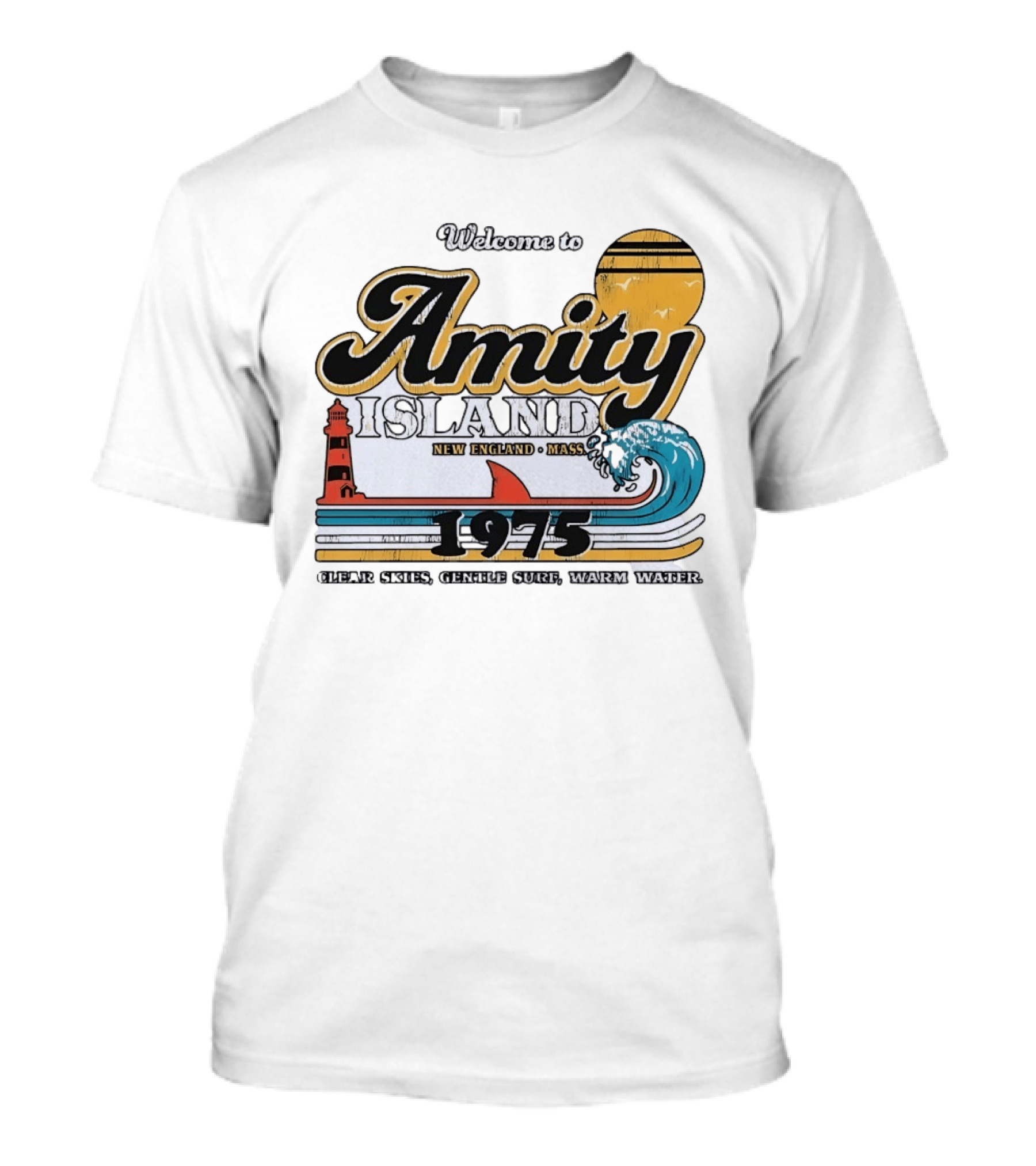 Welcome To Amity Island 1975 New England Massachusetts Lighthouse Wave Ocean Sun T-Shirt