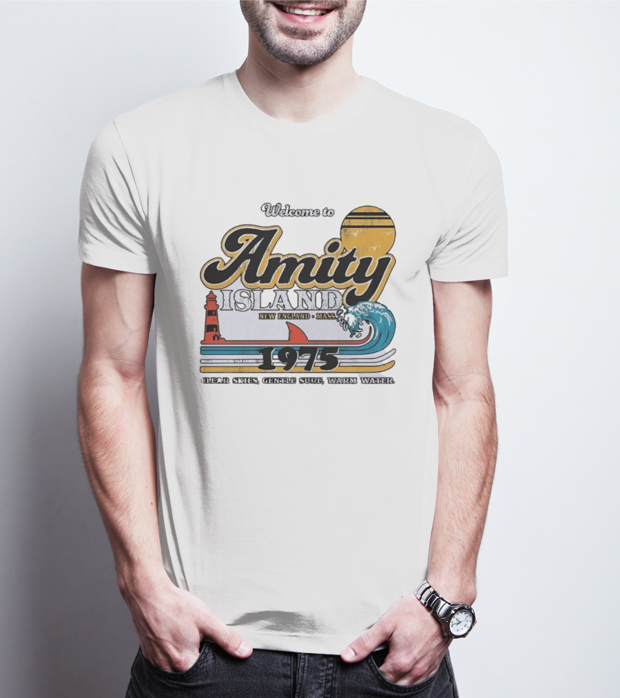 Welcome To Amity Island 1975 New England Massachusetts Lighthouse Wave Ocean Sun T-Shirt