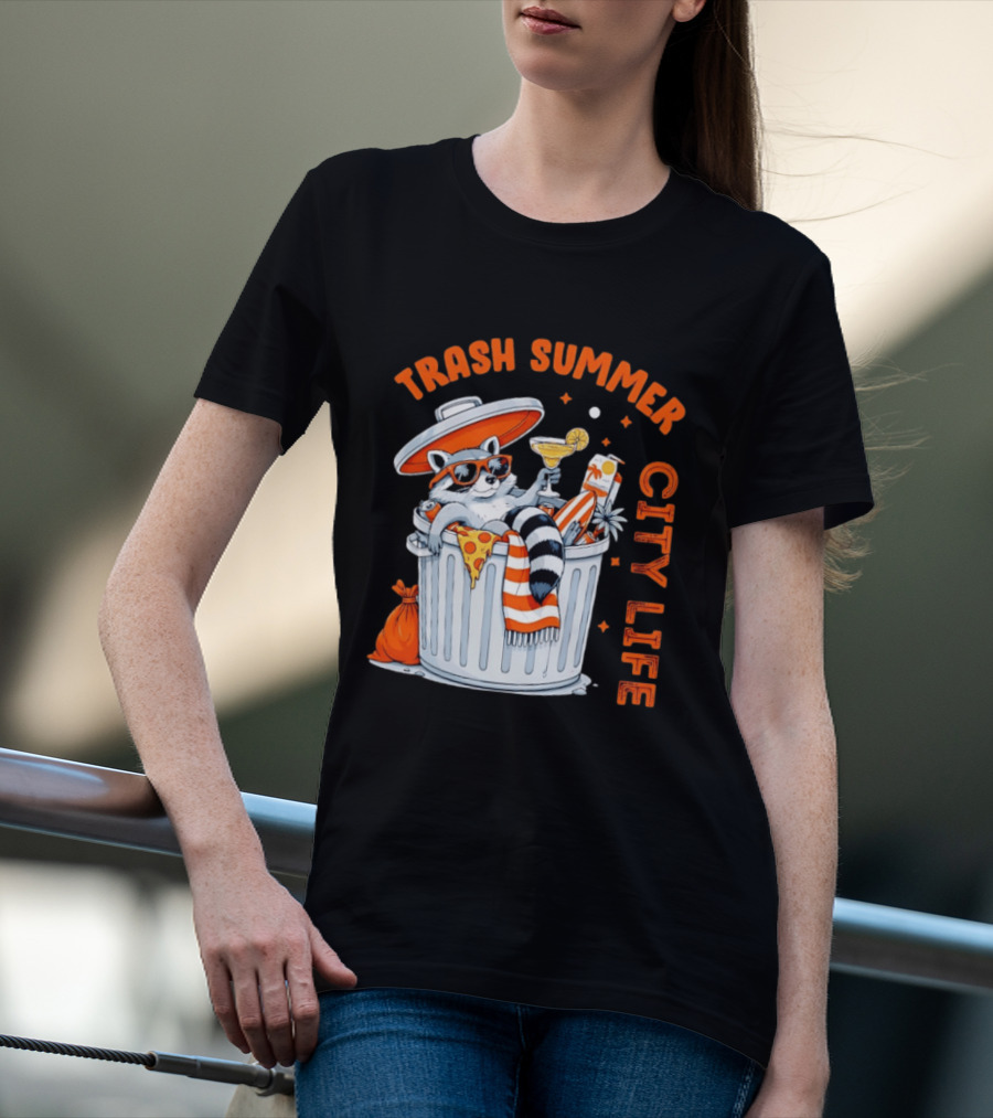 Trash Summer City Life Raccoon Enjoying Urban Vibes With Pizza And Martini T-Shirt