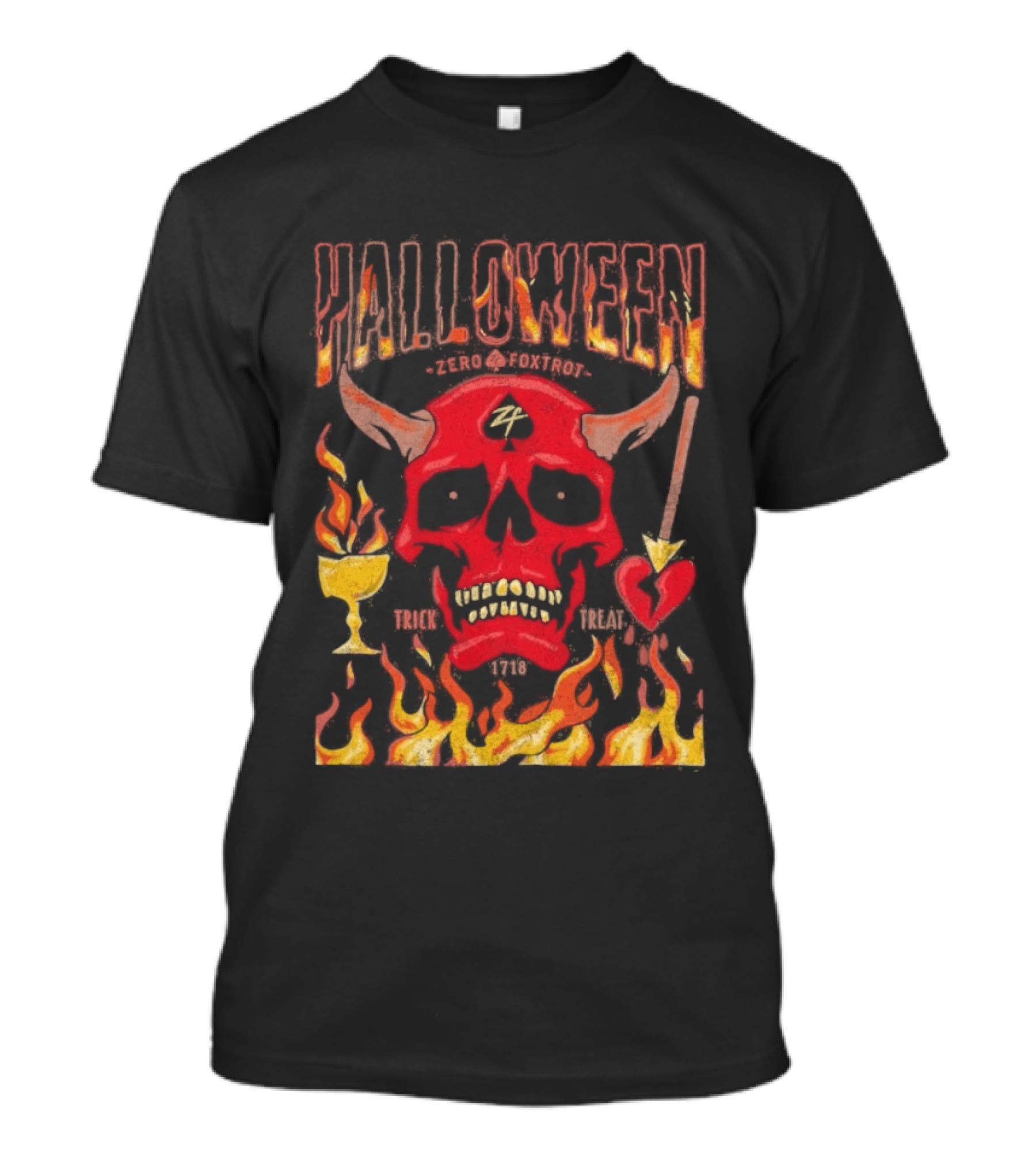 Zero Foxtrot Halloween No Quarter Flaming Demon Skull T-Shirt