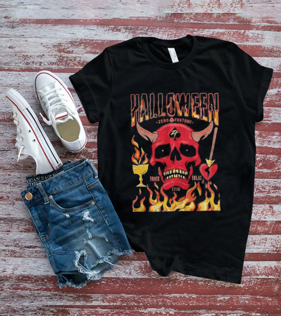 Zero Foxtrot Halloween No Quarter Flaming Demon Skull T-Shirt