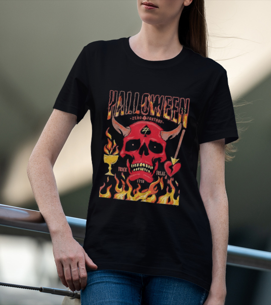 Zero Foxtrot Halloween No Quarter Flaming Demon Skull T-Shirt