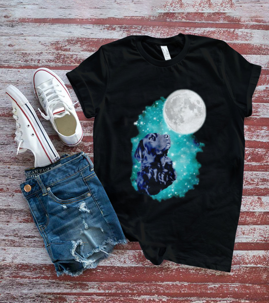 Black Dog Under Moon In Galaxy Space T-Shirt
