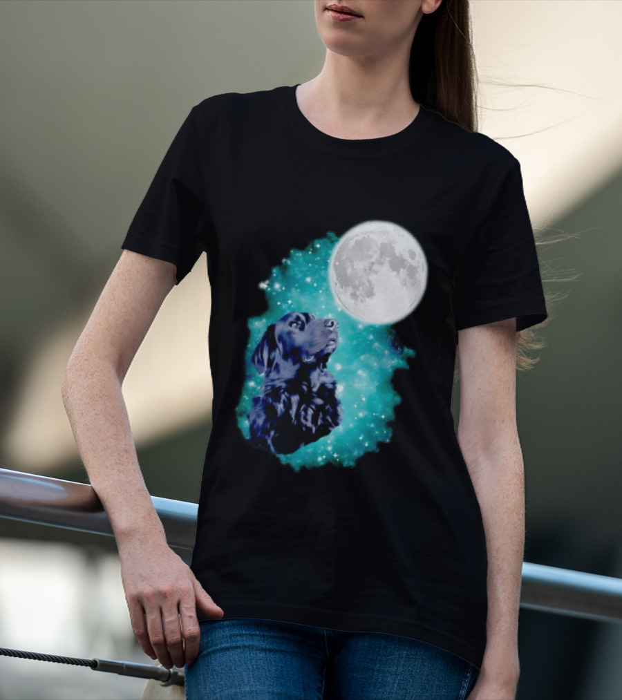 Black Dog Under Moon In Galaxy Space T-Shirt