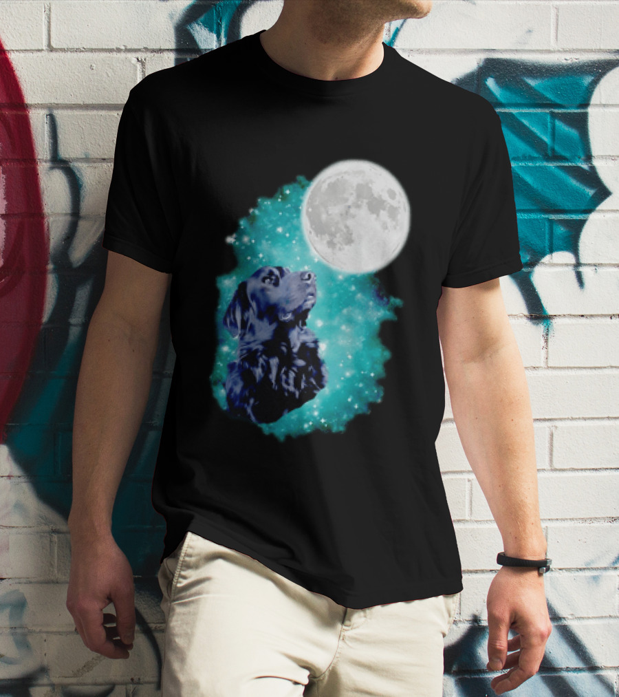 Black Dog Under Moon In Galaxy Space T-Shirt