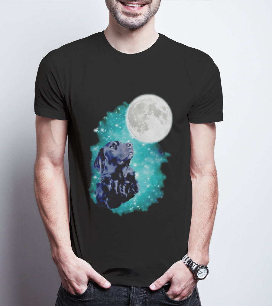 Black Dog Under Moon In Galaxy Space T-Shirt