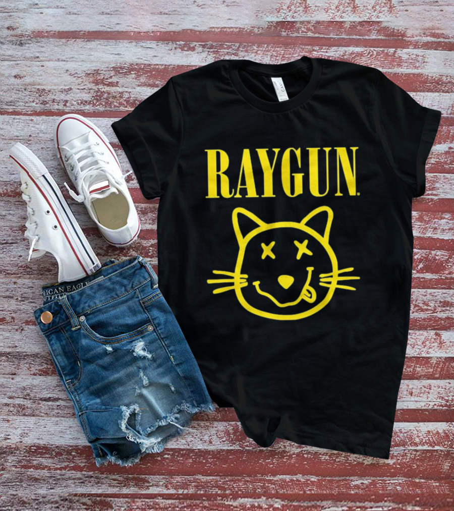 Raygun Smiley Cat Face Neon Yellow Quirky Expression T-Shirt