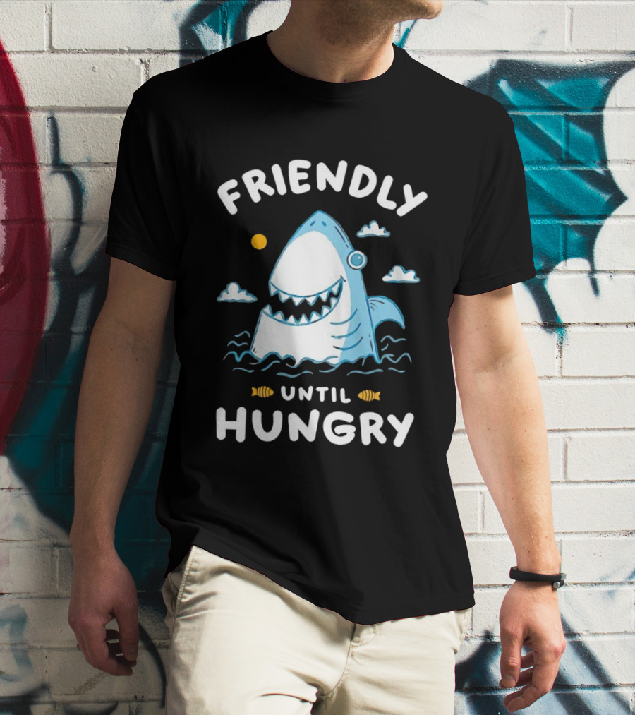Friendly Shark Grinning Until Hungry Cloudy Ocean Scene T-Shirt