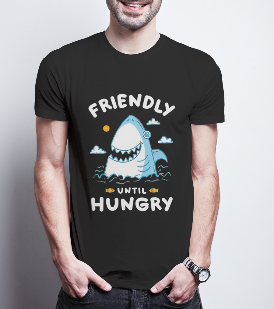 Friendly Shark Grinning Until Hungry Cloudy Ocean Scene T-Shirt