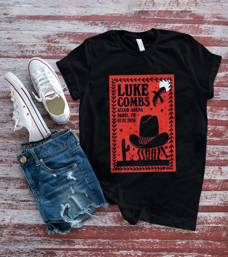 Luke Combs Accor Arena Paris FR 07.07.2026 Cowboy Hat Cactus Moon Desert Scene T-Shirt