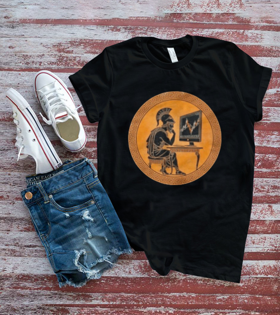 Greek Warrior Analyzing Stock Charts With Ancient Trader Flair T-Shirt