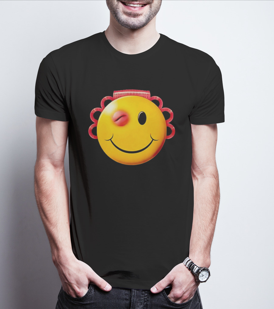 Winking Smiley Face Emoji With Hair Rollers T-Shirt