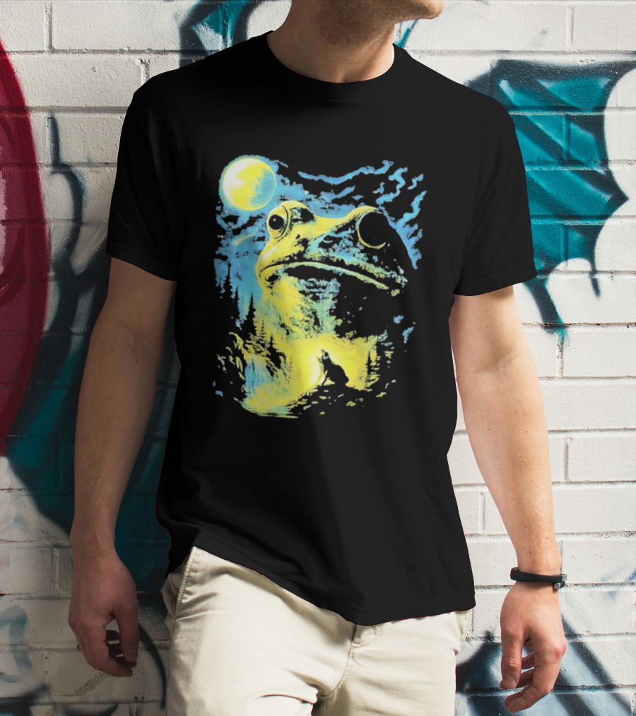 Howling Wolf Frog Moon Night Scene Surreal Fantasy T-Shirt