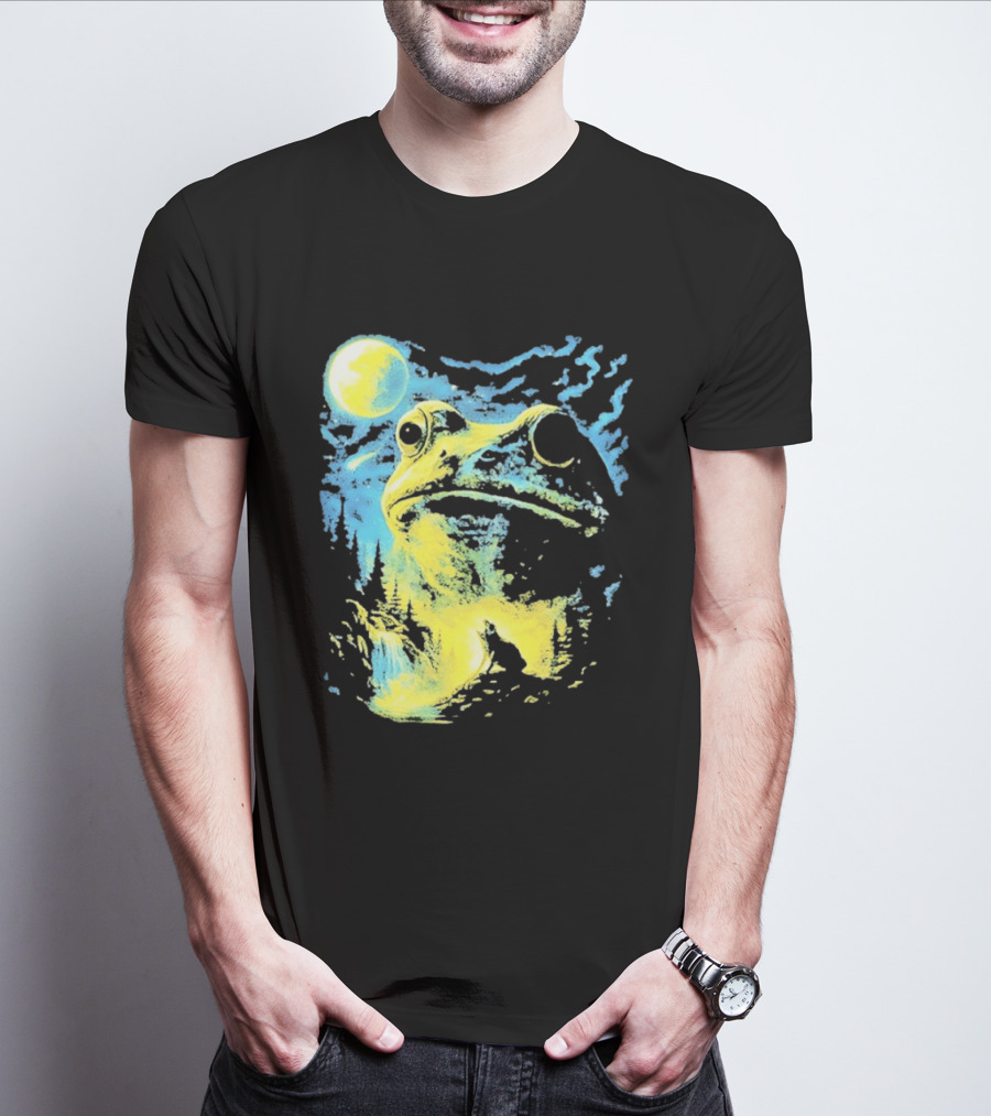 Howling Wolf Frog Moon Night Scene Surreal Fantasy T-Shirt