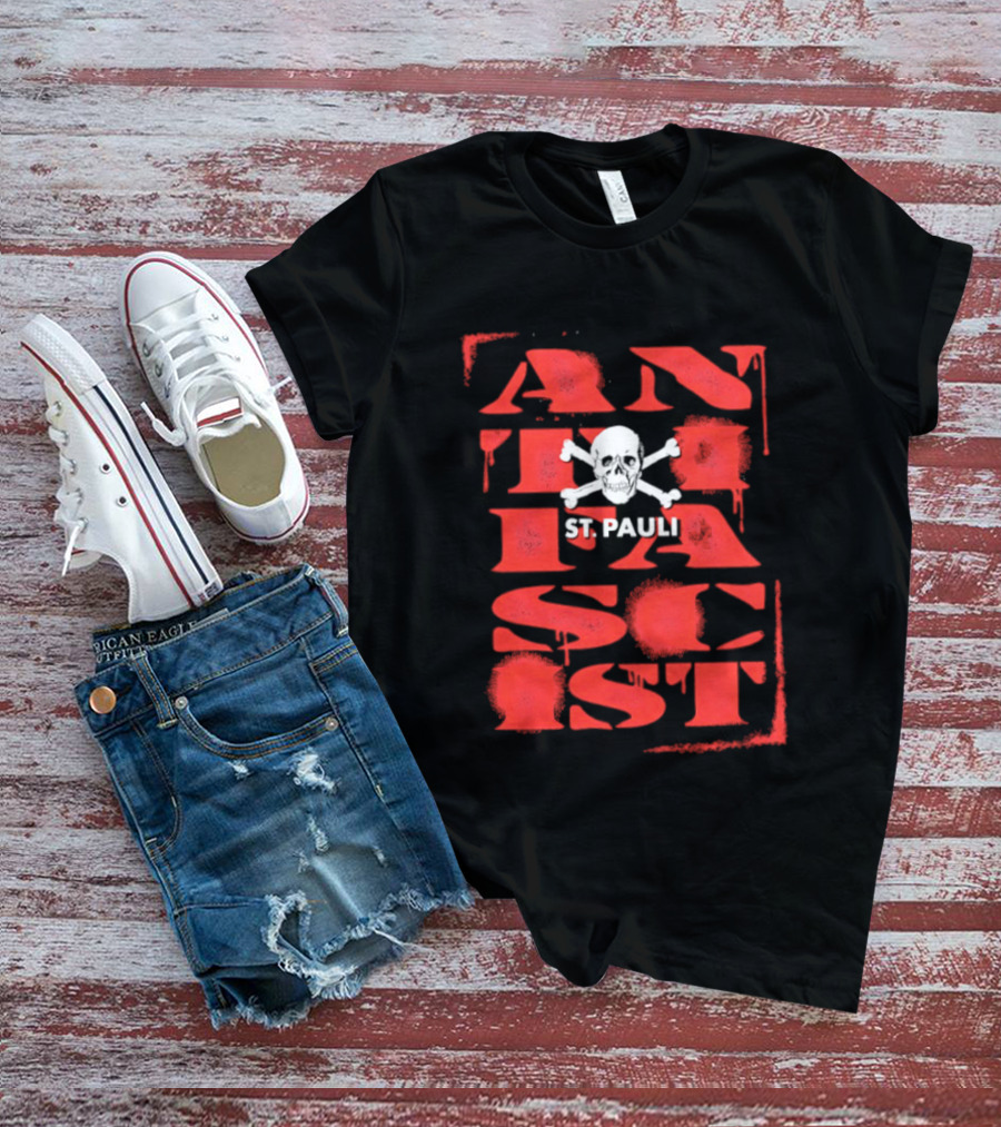 St Pauli Anti Fascist Skull Crossbones Stencil T-Shirt