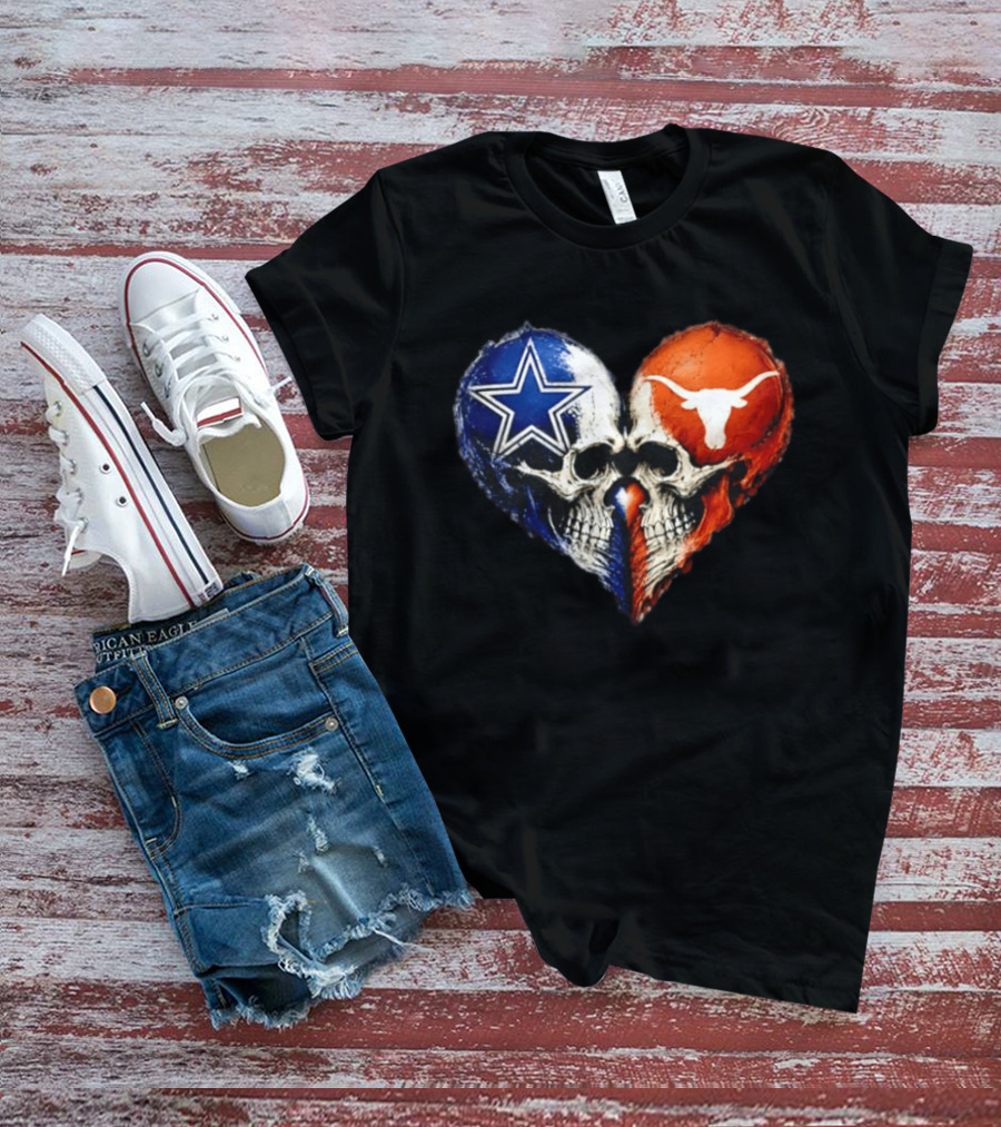 Dallas Cowboys And Texas Longhorns Skulls Heart T-Shirt