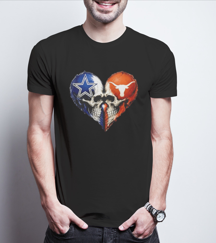 Dallas Cowboys And Texas Longhorns Skulls Heart T-Shirt