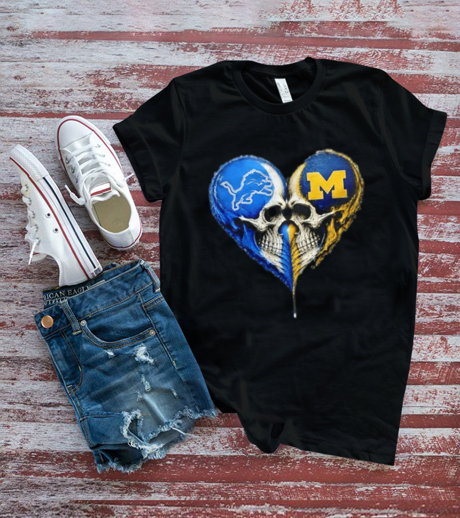 Detroit Lions And Michigan Wolverines Heart Skulls T-Shirt